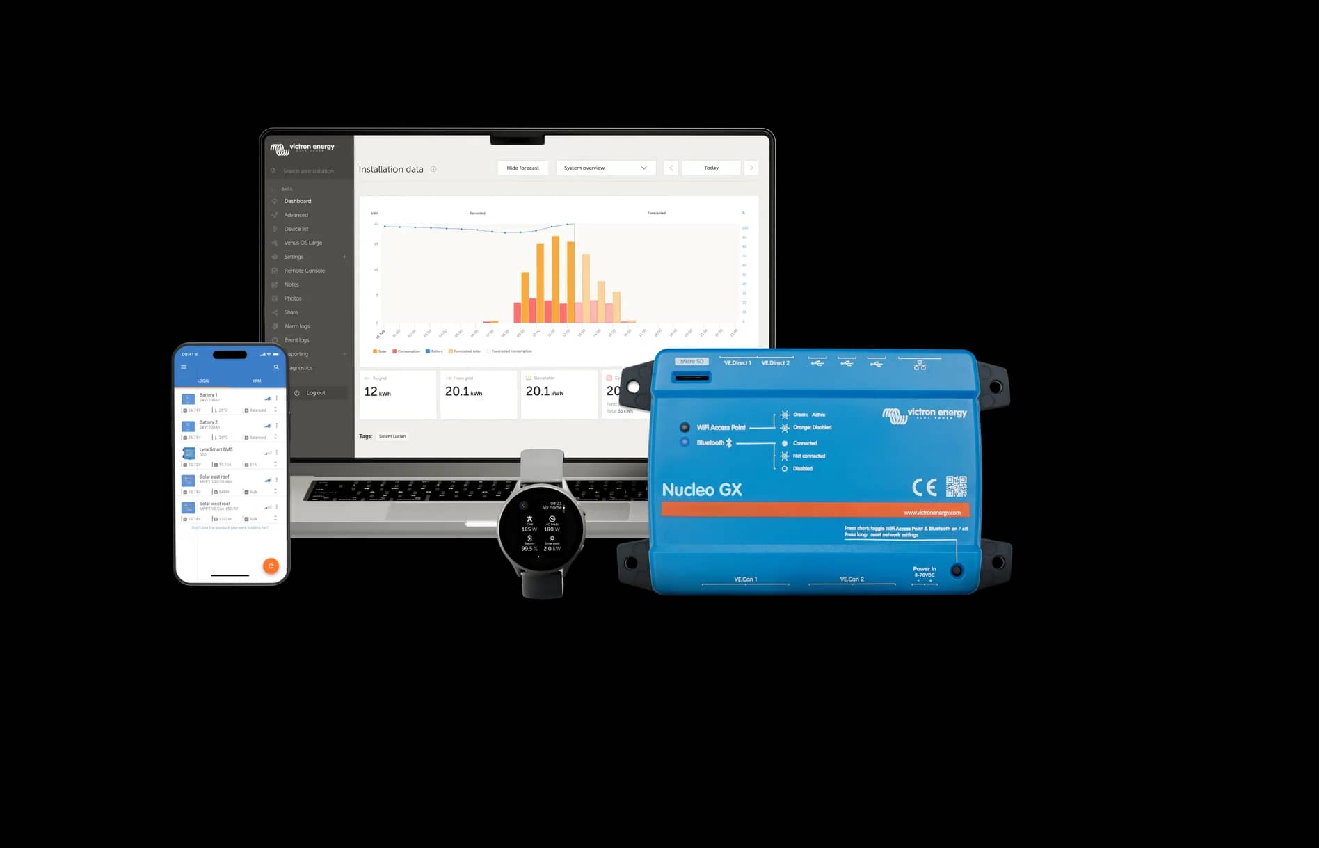 Portal VRM i aplikacja VictronConnect monitorujące system z Nucleo GX